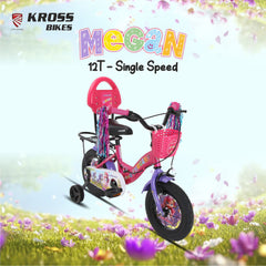 Kross Megan 12T Kids Bicycle with Training Wheels, Basket, Back Rest & Carrier | Single Speed | Pink-Purple