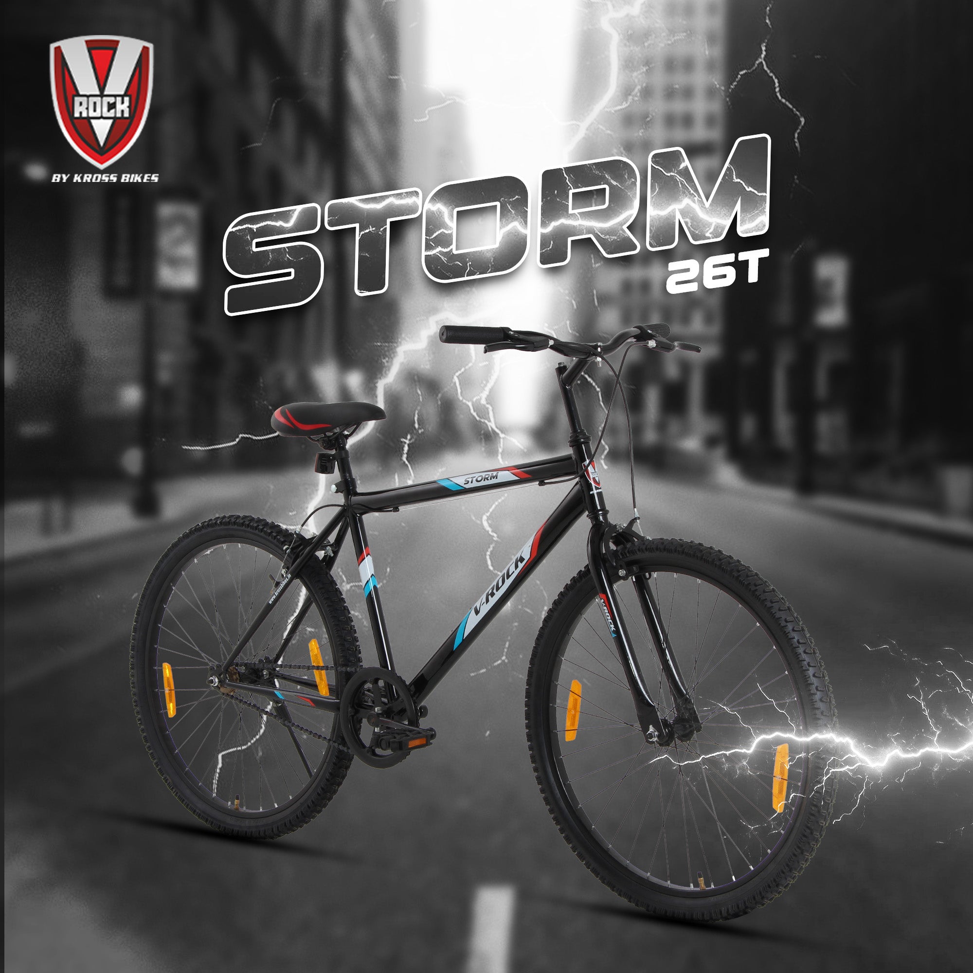 V Rock Storm 26T, Single Speed Mountain Bike, Steel Frame, Rigid Fork, Caliper Brakes Black