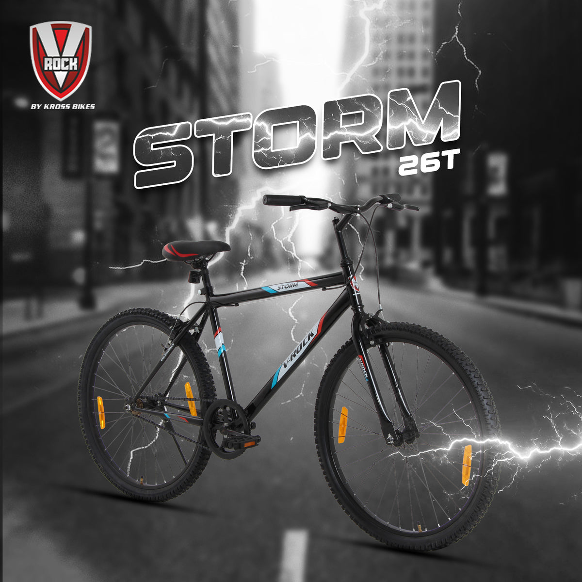 V Rock Storm 26T, Single Speed Mountain Bike, Steel Frame, Rigid Fork, Caliper Brakes Black