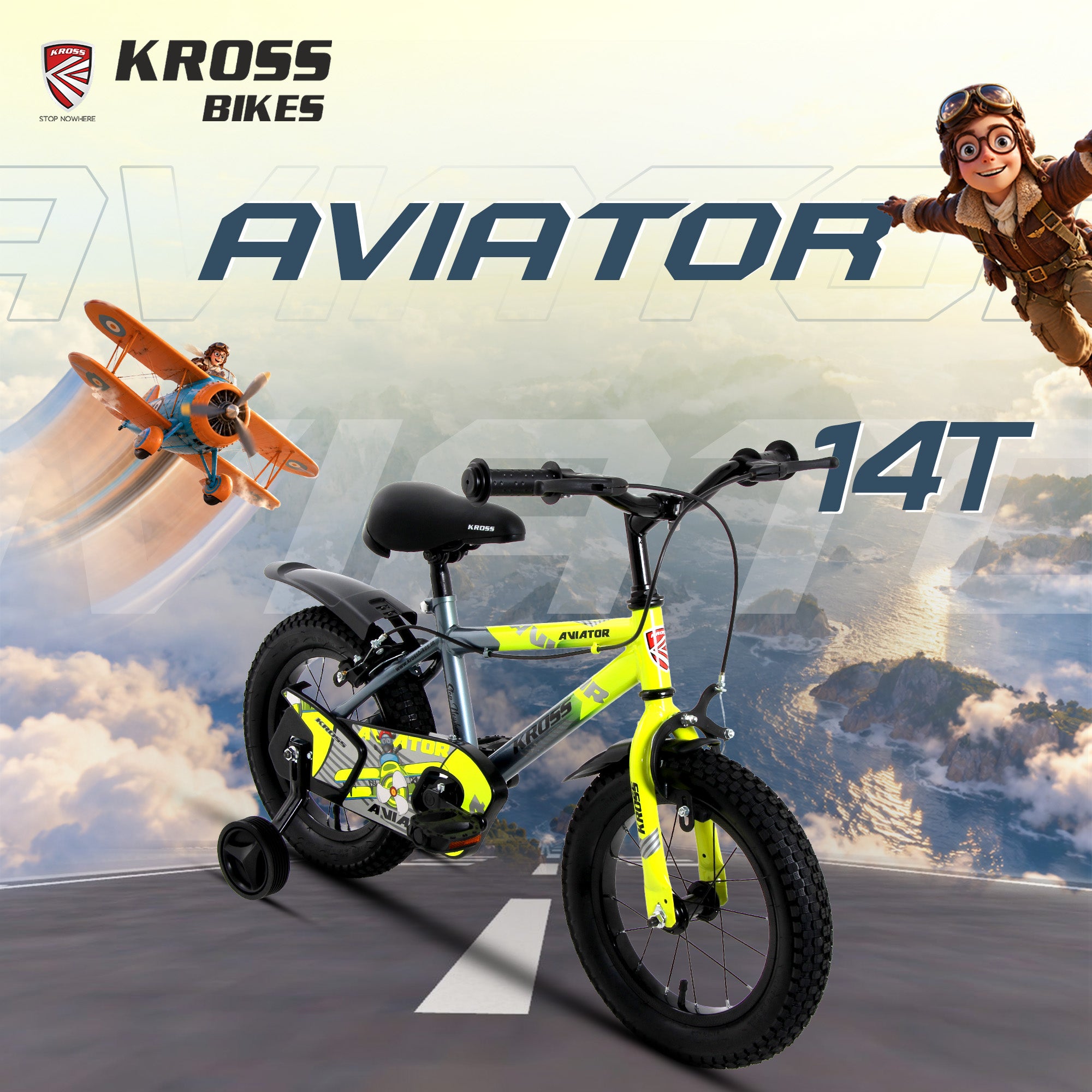 Kross Aviator 14T Kids Bicycle with Training Wheels | Steel Frame | Dual Caliper Brake | Green/Grey
