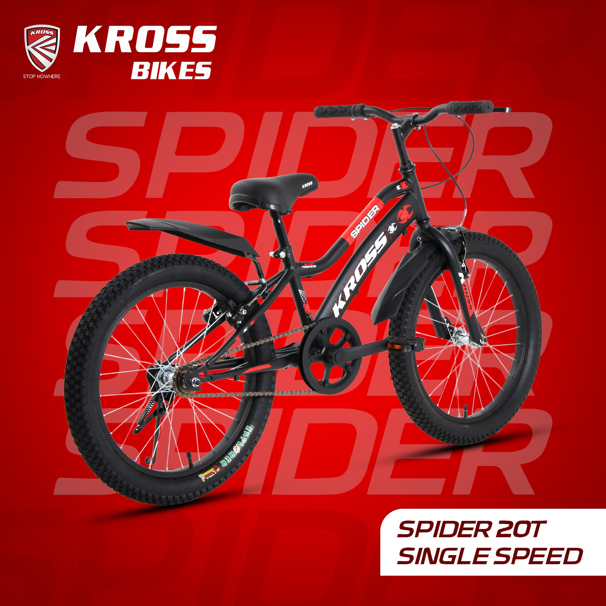 KROSS Spider 20T Single Speed Kids Bicycle for Boys & Girls | Steel Frame | V-Brakes | Matt Black