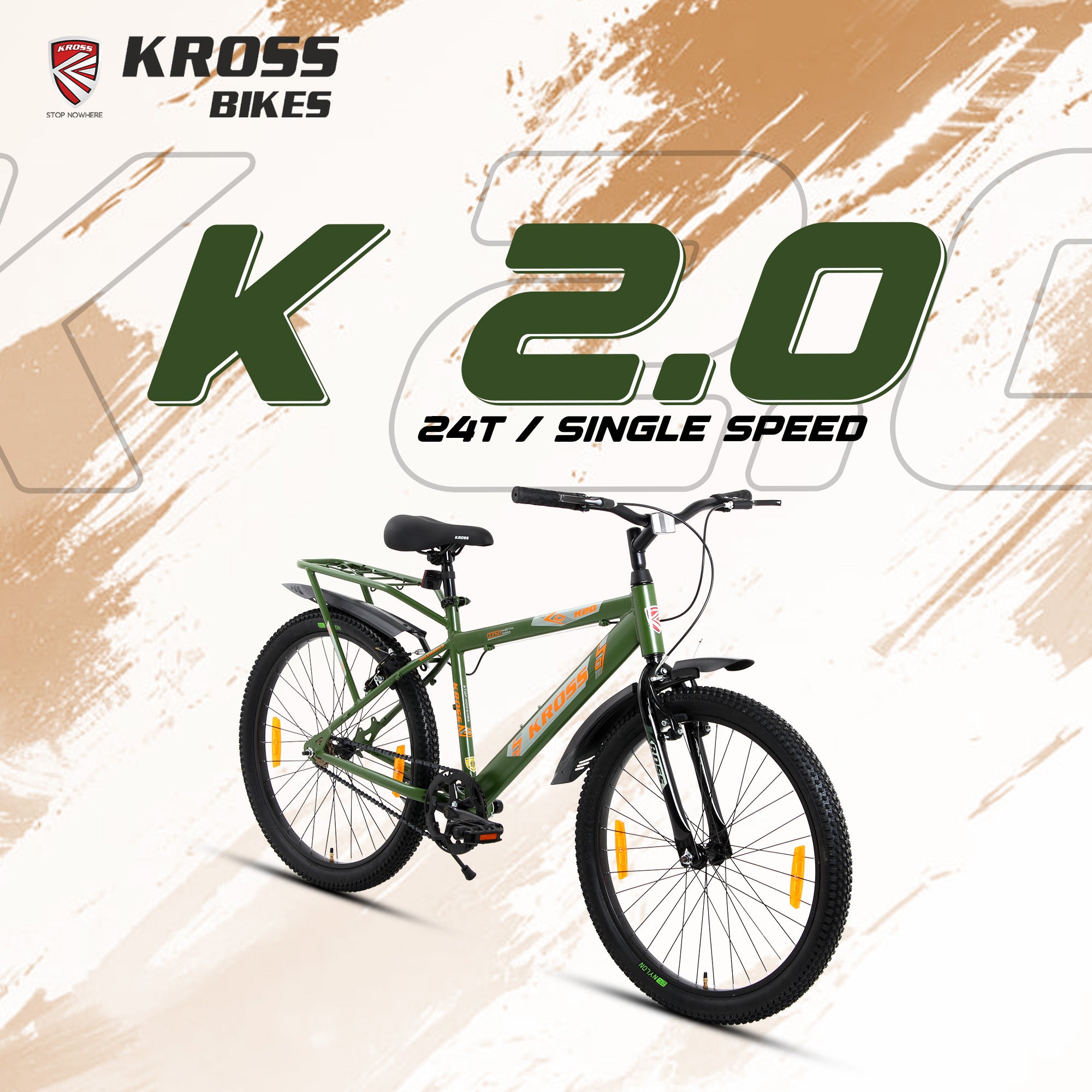 Kross K 2.0 24T Single Speed Kids Bicycle – Steel Frame, V-Brakes, Inbuilt Carrier, 24x2.40 Tyres, Army Green
