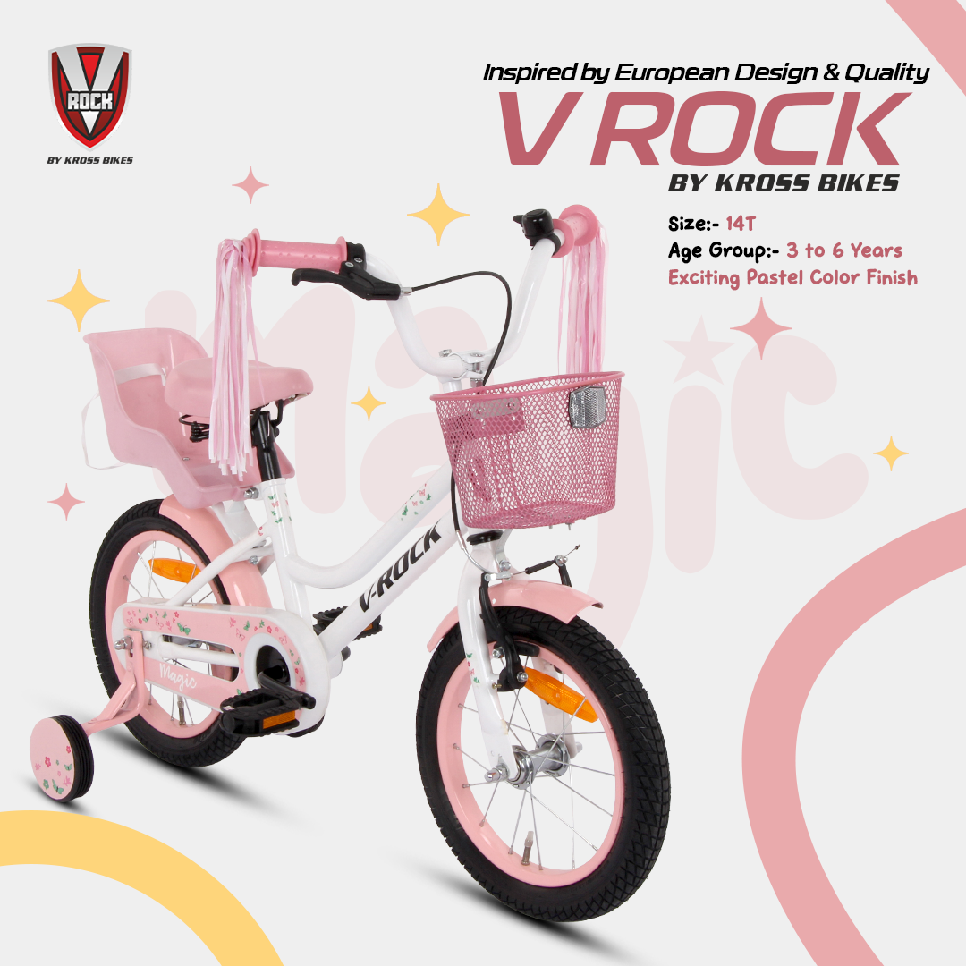V Rock Magic 14T Kids Bicycle – Magic White with Pink Accessories | Training Wheels | Basket & Doll Carrier