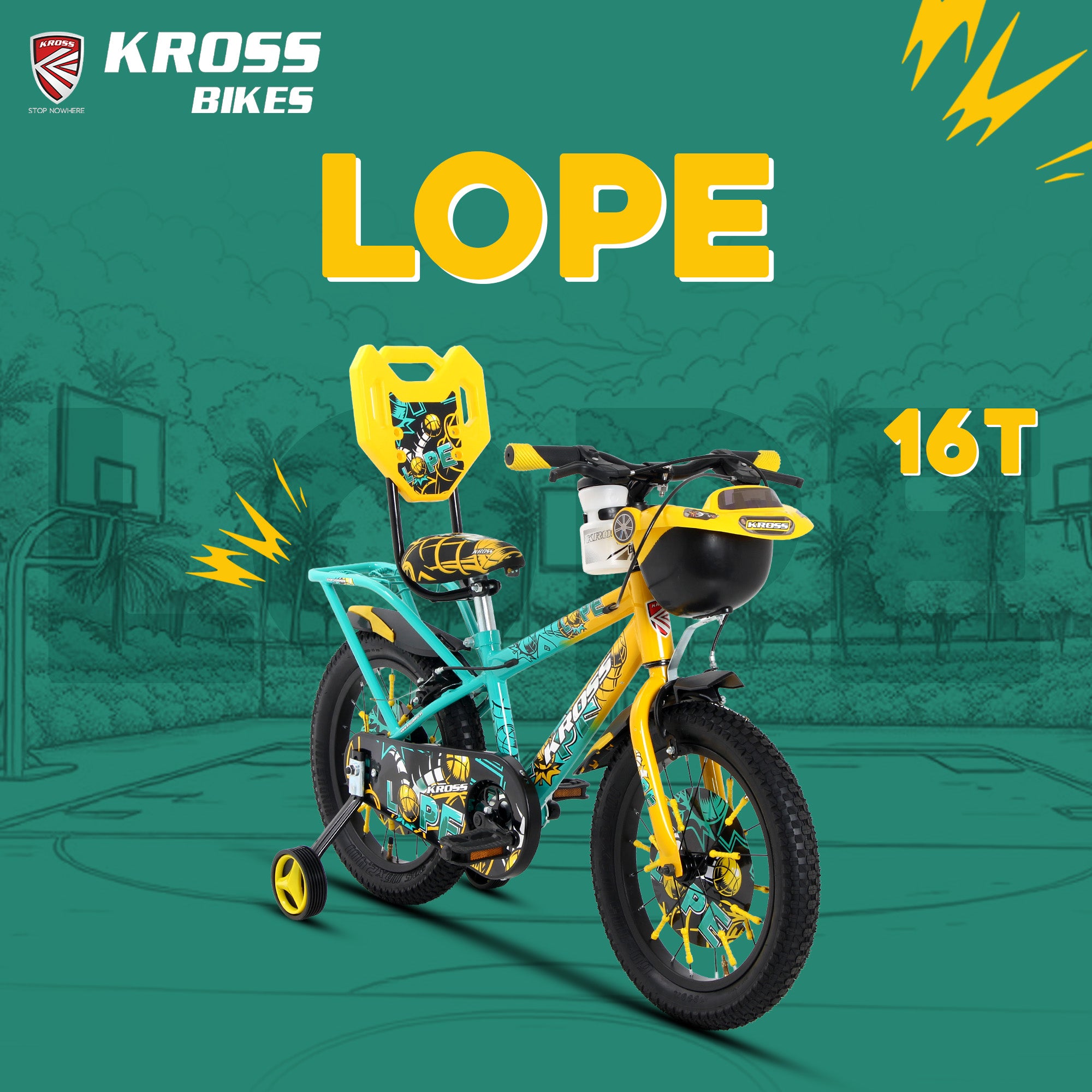 Kross Lope 16T Kids Cycle (16x2.40 Tyre, Dual Color Steel Frame, Caliper Brakes, Basket & Side Wheels, 4–6 Years) with Carrier -Yellow