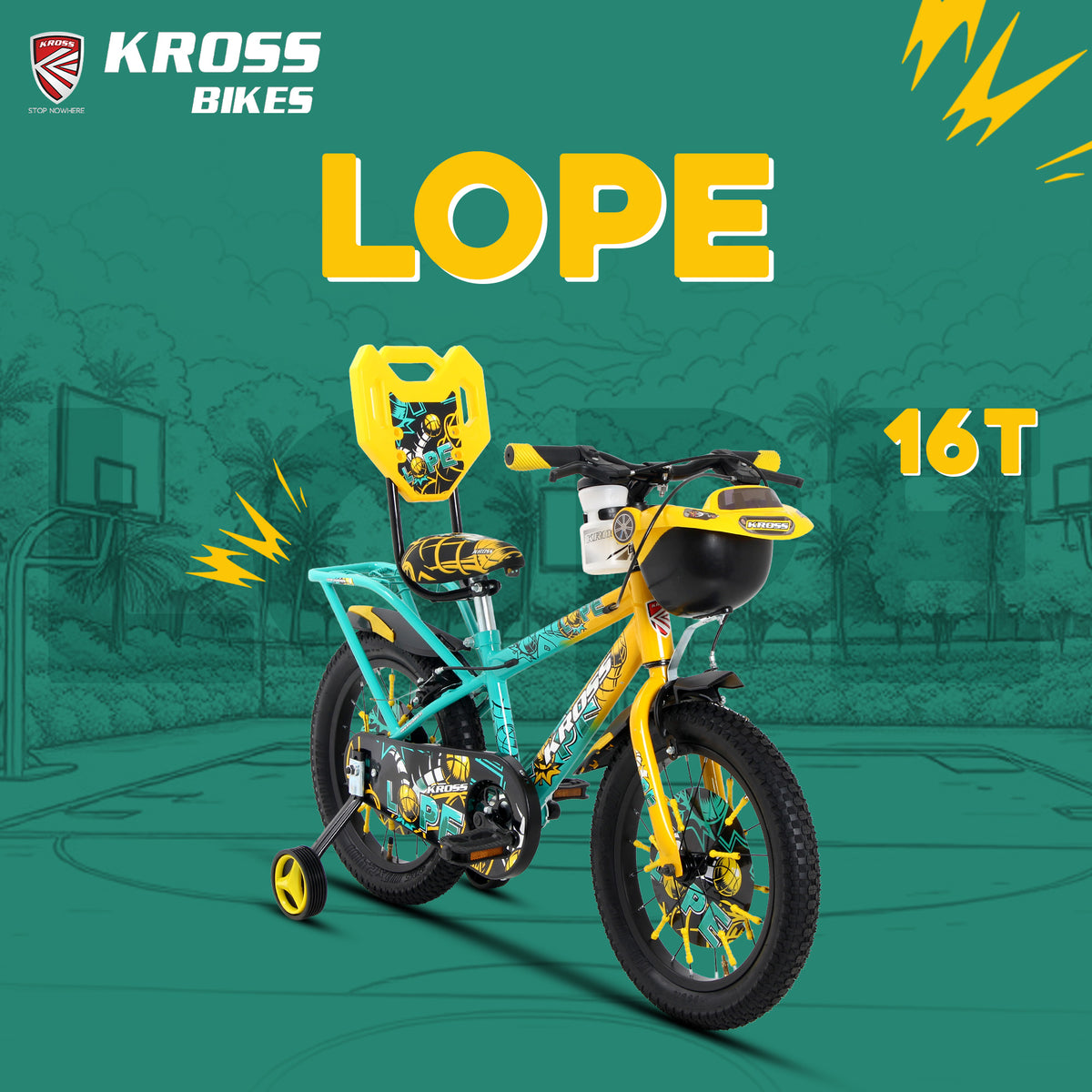 Kross Lope 16T Kids Cycle (16x2.40 Tyre, Dual Color Steel Frame, Caliper Brakes, Basket & Side Wheels, 4–6 Years) with Carrier -Yellow