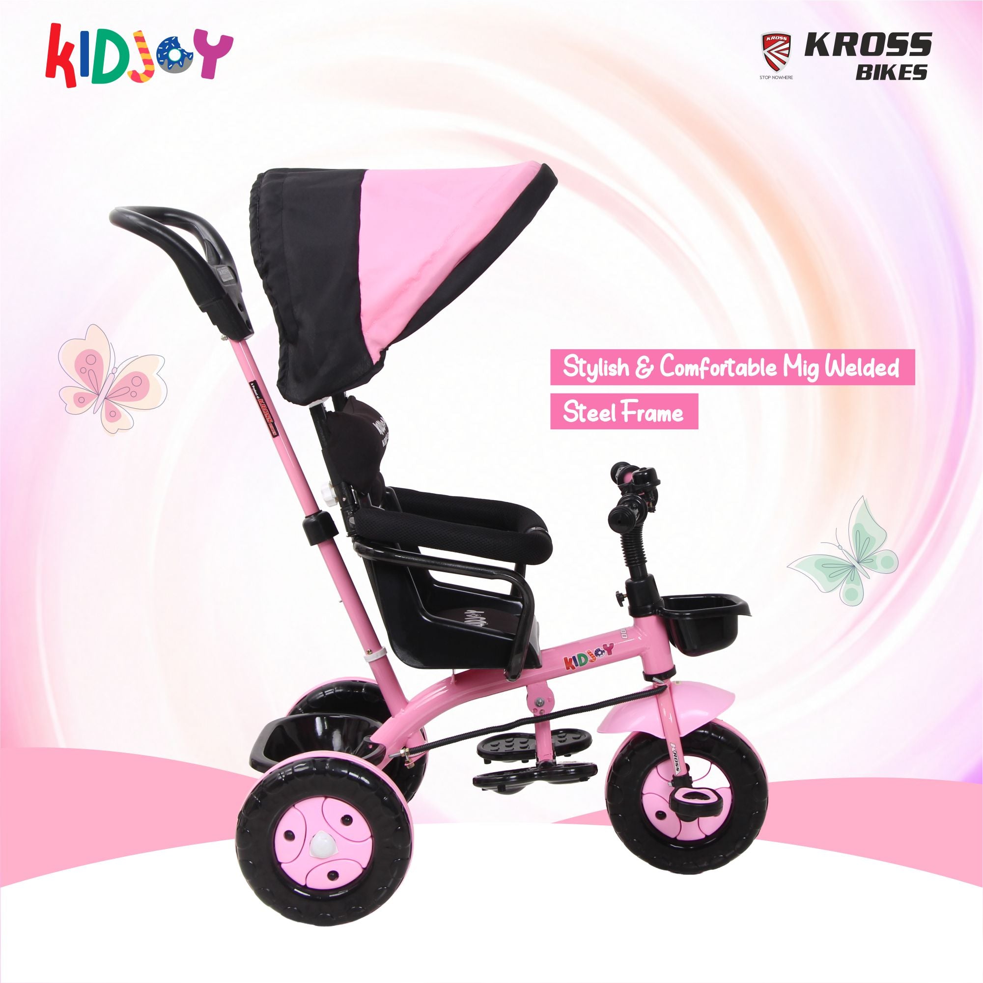 Kidjoy SS-100 Kids Tricycle for 1.5–4 Years with Parental Handle, Canopy & Safety Guard – Steel Frame (Pink)