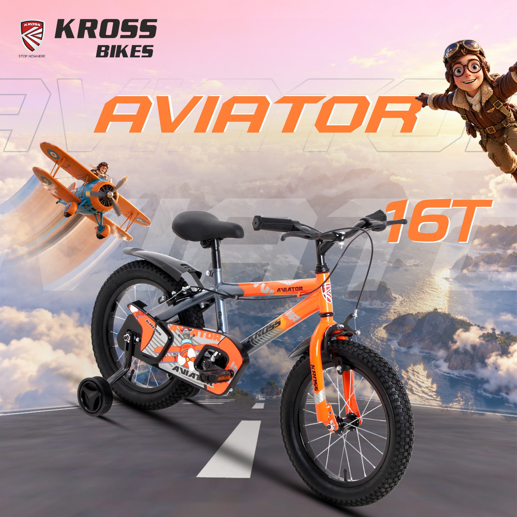 Kross Aviator 16T Kids Bicycle Grey Orange with Training Wheels | Front & Rear Caliper Brakes | 16 x 2.40 Tyres