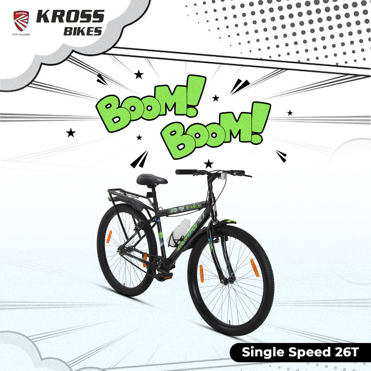 Kross Boom Boom 26T Inbuilt Carrier| Single Speed Mountain Cycle with V-Brakes | 26 Inch (Black)