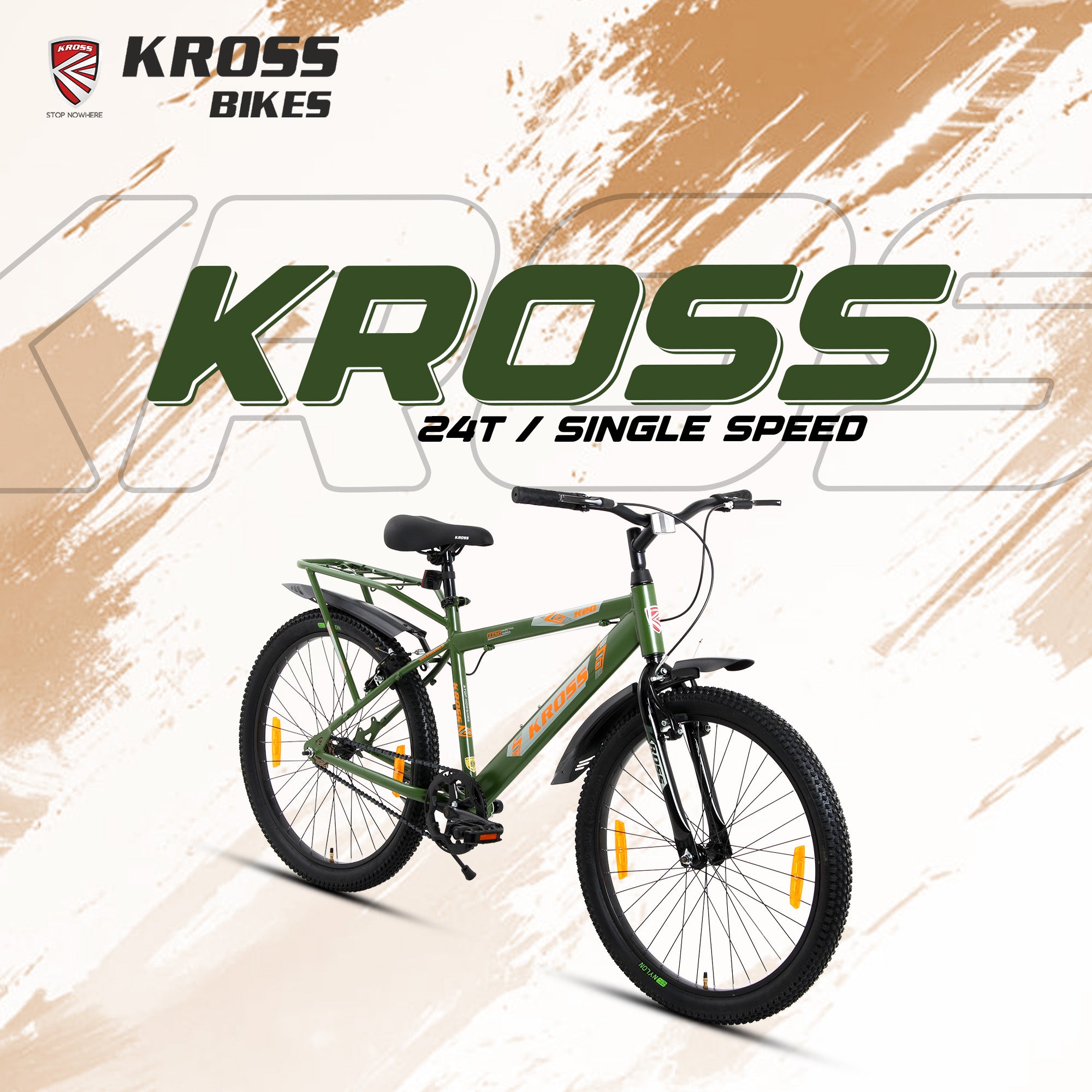 Kross 24T Single Speed Kids Bicycle – Steel Frame, V-Brakes, Inbuilt Carrier, 24x2.40 Tyres, Army Green