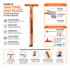 Kross Air Buddy High-Pressure Multipurpose Hand Air Pump (with Universal Dual Valve & Multi-Nozzle Kit)39 MM Orange Pump