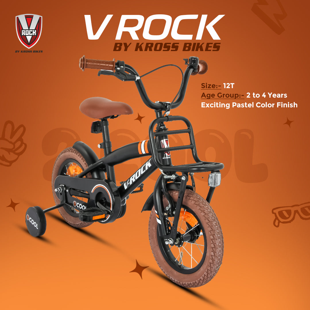 V Rock 2 Cool 12T Kids Bicycle | 12-inch Steel Frame | Rubber Tyres | Front V-Brake & Rear Coaster Brake | Adjustable Seat | Training Wheels | Age 4–7 Years (Black)