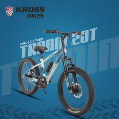 Kross Tronin 20T Kids MTB Cycle – 20×2.40 Fat Tyres, Dual Disc Brakes, Suspension Fork, Steel Frame, Single Speed (Grey/Blue)