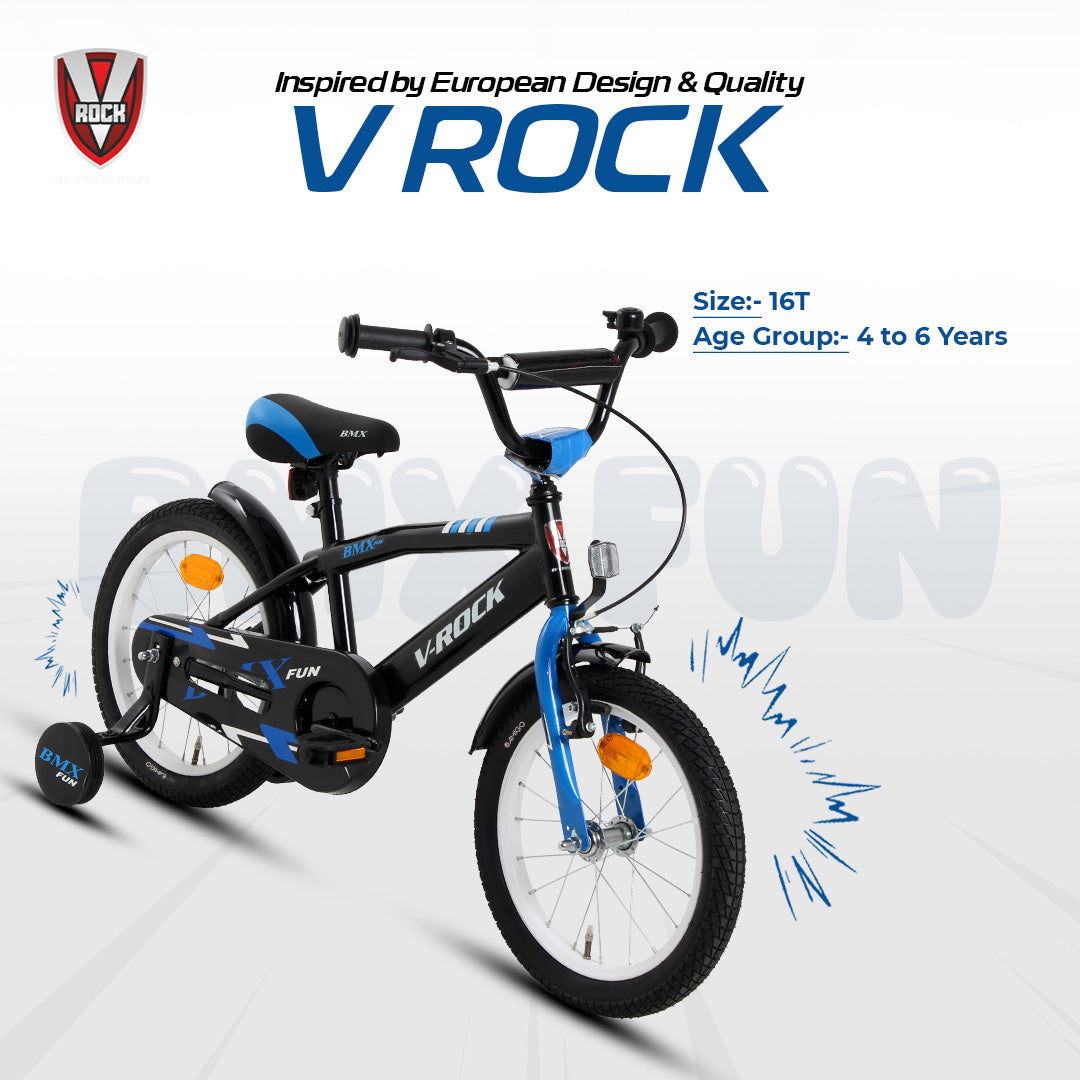 V Rock 16T BMX Fun Kids Bicycle with Training Wheels & Coaster Brake – Black Blue