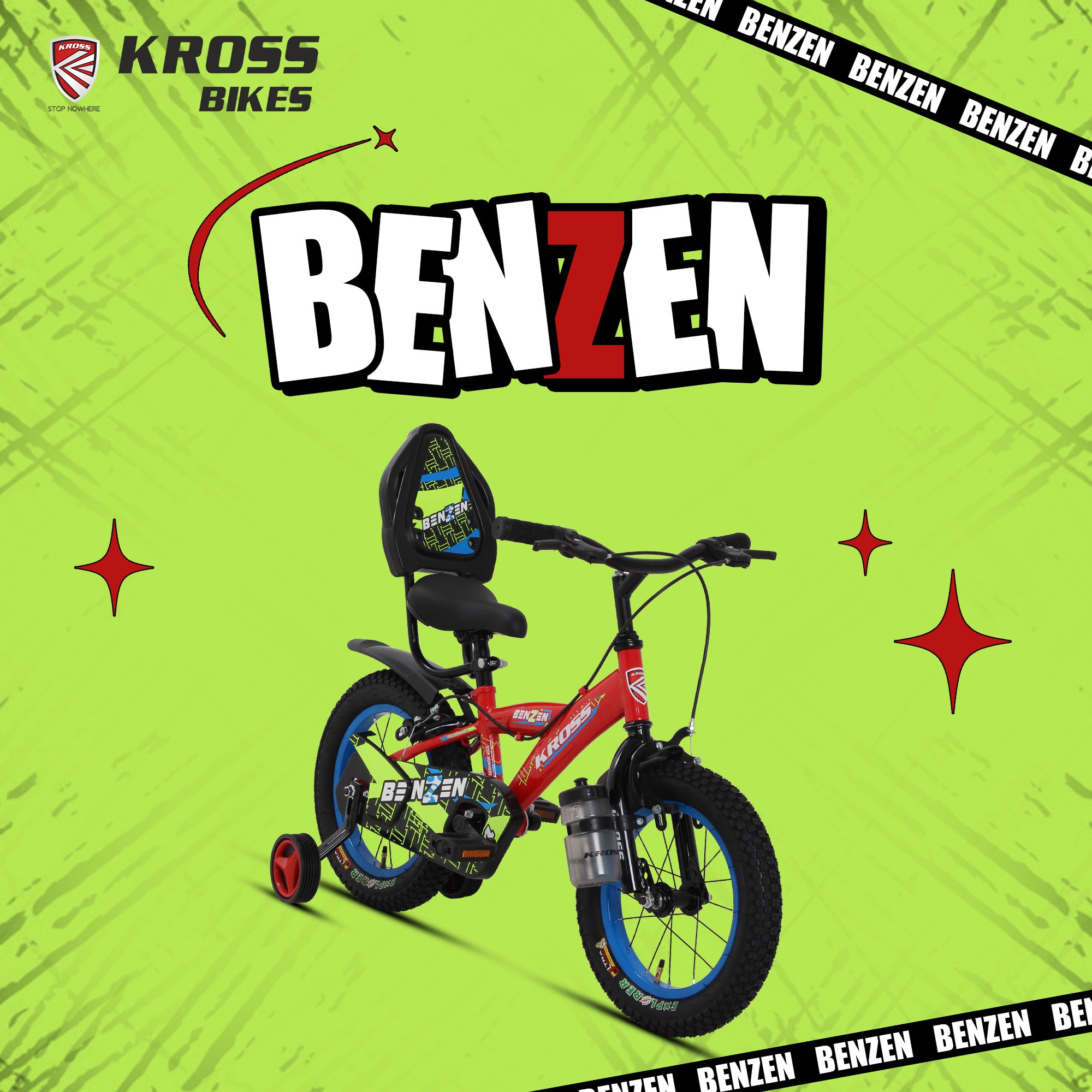 Kross Benzen Crush 14T Kids Cycle with Training Wheels, Back Rest & Bottle – Red