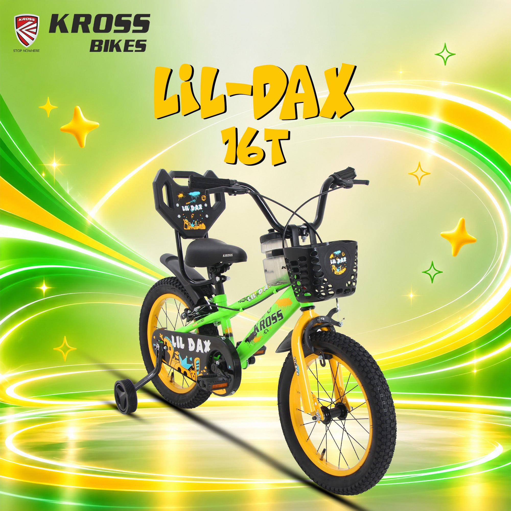 Kross Lil Dax 16T Kids Bicycle with Training Wheels, Basket & Backrest (Green)