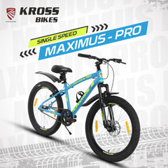 KROSS Maximus Pro 24T Dual Disc Kids MTB – Blue/Yellow | Steel Frame, Suspension Fork, Single Speed