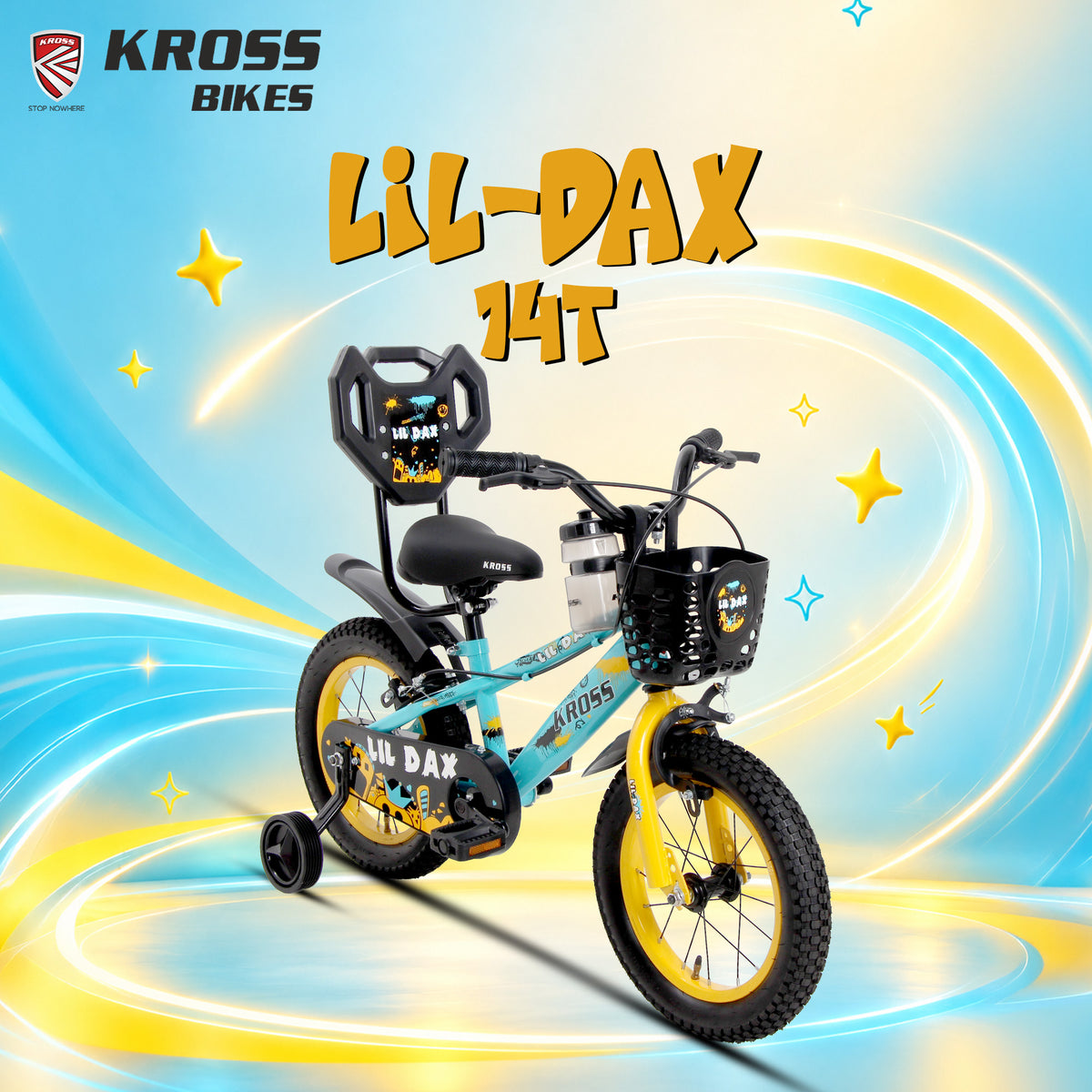 Kross Lil Dax 14T Kids Bicycle for Boys & Girls | Steel Frame | Single Speed | Training Wheels, Basket & Backrest | Blue-Yellow