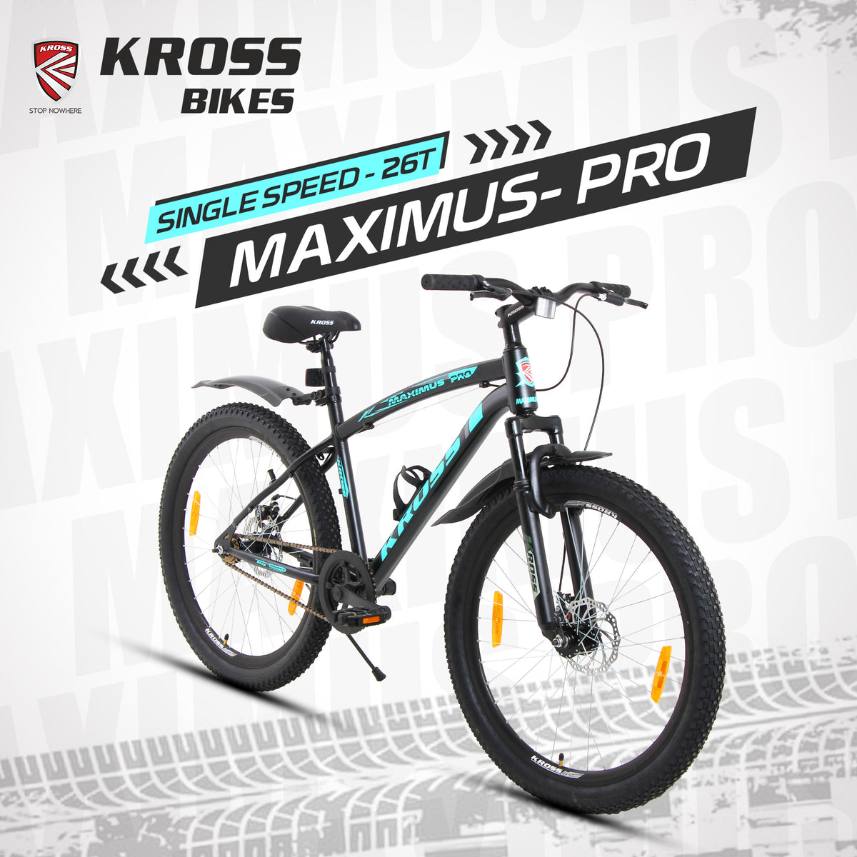 Kross Maximus Pro 26T Mountain Bike – Steel Frame, Suspension Fork, Dual Disc Brakes, Wide 2.35” Tyres (Black-Blue, Single Speed)