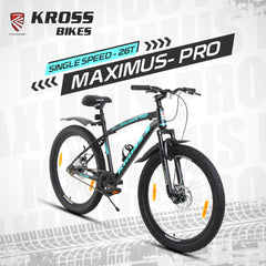 Kross Maximus Pro 26T Mountain Bike – Steel Frame, Suspension Fork, Dual Disc Brakes, Wide 2.35” Tyres (Black-Blue, Single Speed)