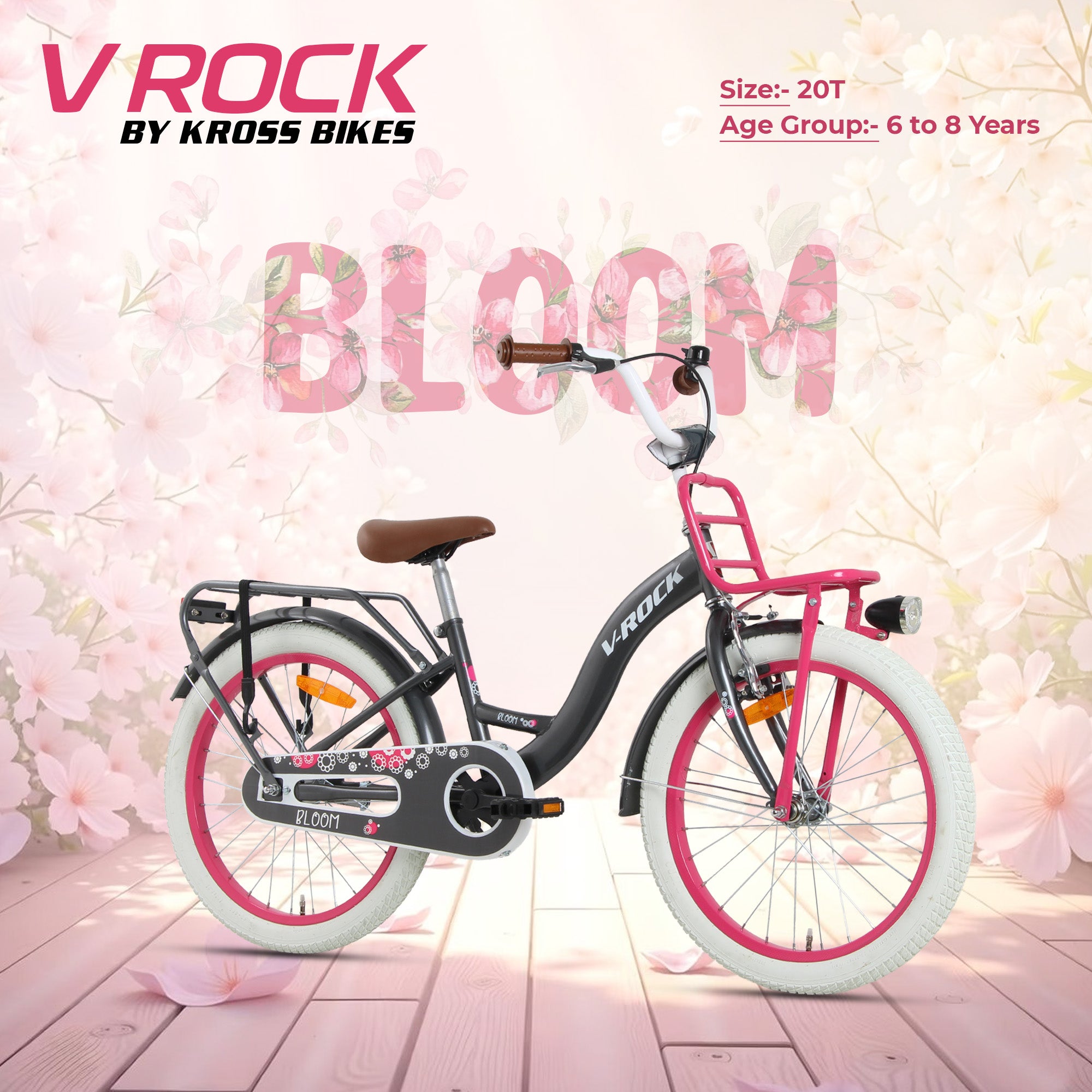 V Rock 20T Bloom Grey Kids Bicycle with Dual Carriers, LED Lights & V-Brake – Single Speed