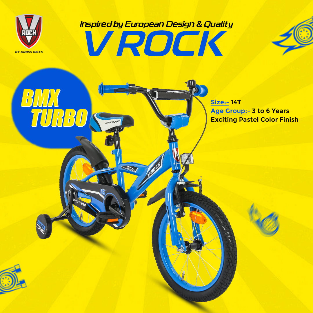 V Rock BMX Turbo 16T Kids Bicycle with Steel Frame, Coaster Hub, V-Brakes, Training Wheels & Mudguards (Turbo Blue)