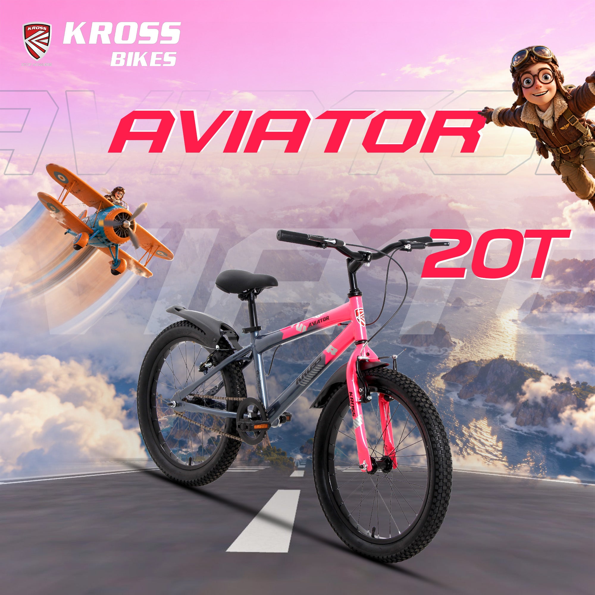 Kross Aviator 20T Kids Bicycle Grey/Pink | 20 x 2.40 Inch Tyres | Single Speed | Steel Frame | V-Brakes | Mudguards