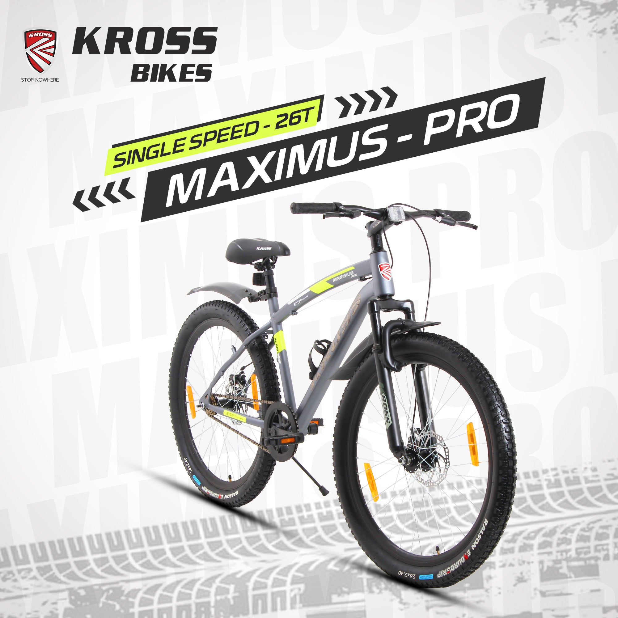 Maximus Pro 26T Single Speed Mountain Bike with Suspension Fork, Dual Disc Brakes, Steel Frame, 2.4” Tyres & Alloy Double-Wall Rims (Grey)