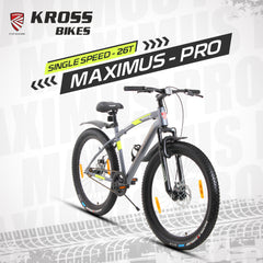 Maximus Pro 26T Single Speed Mountain Bike with Suspension Fork, Dual Disc Brakes, Steel Frame, 2.4” Tyres & Alloy Double-Wall Rims (Grey)