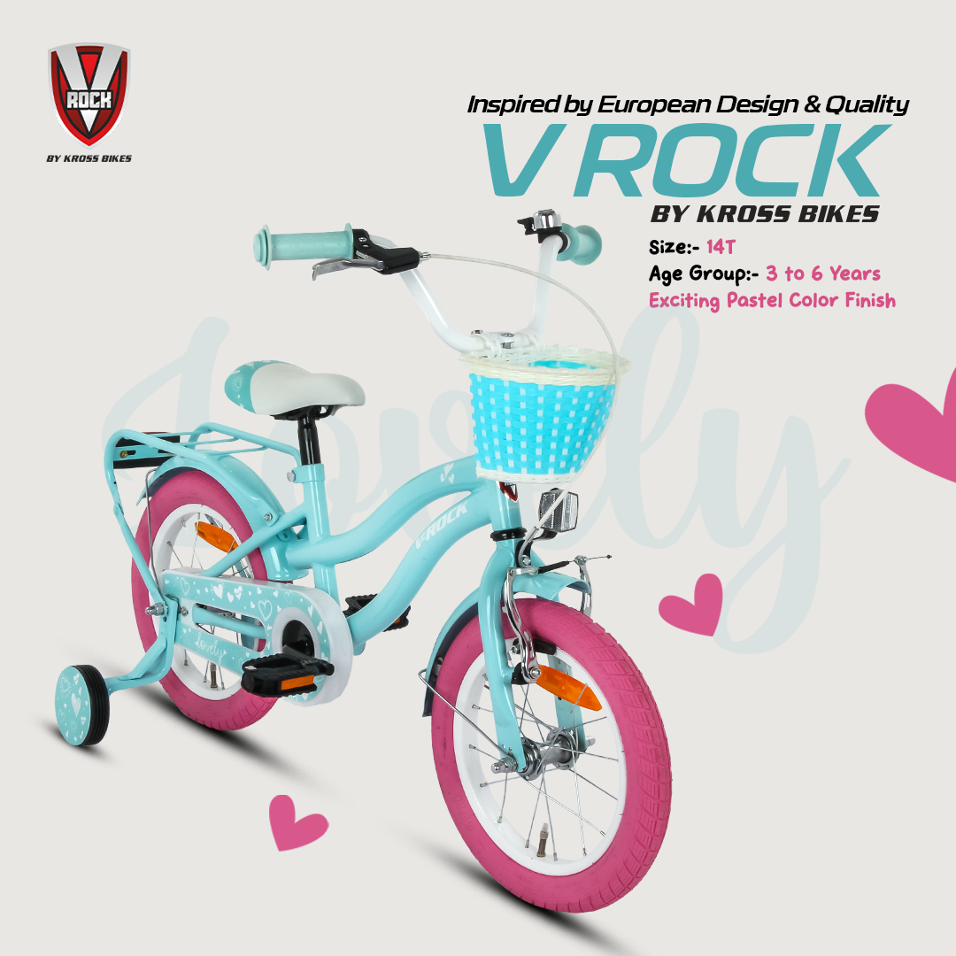 V Rock Lovely 14T Blue Kids Bike, Steel Frame, Rear Coaster & V Brake, Basket & Support Wheels, 14 inch BMX Cycle (Single Speed, Blue, Rigid)