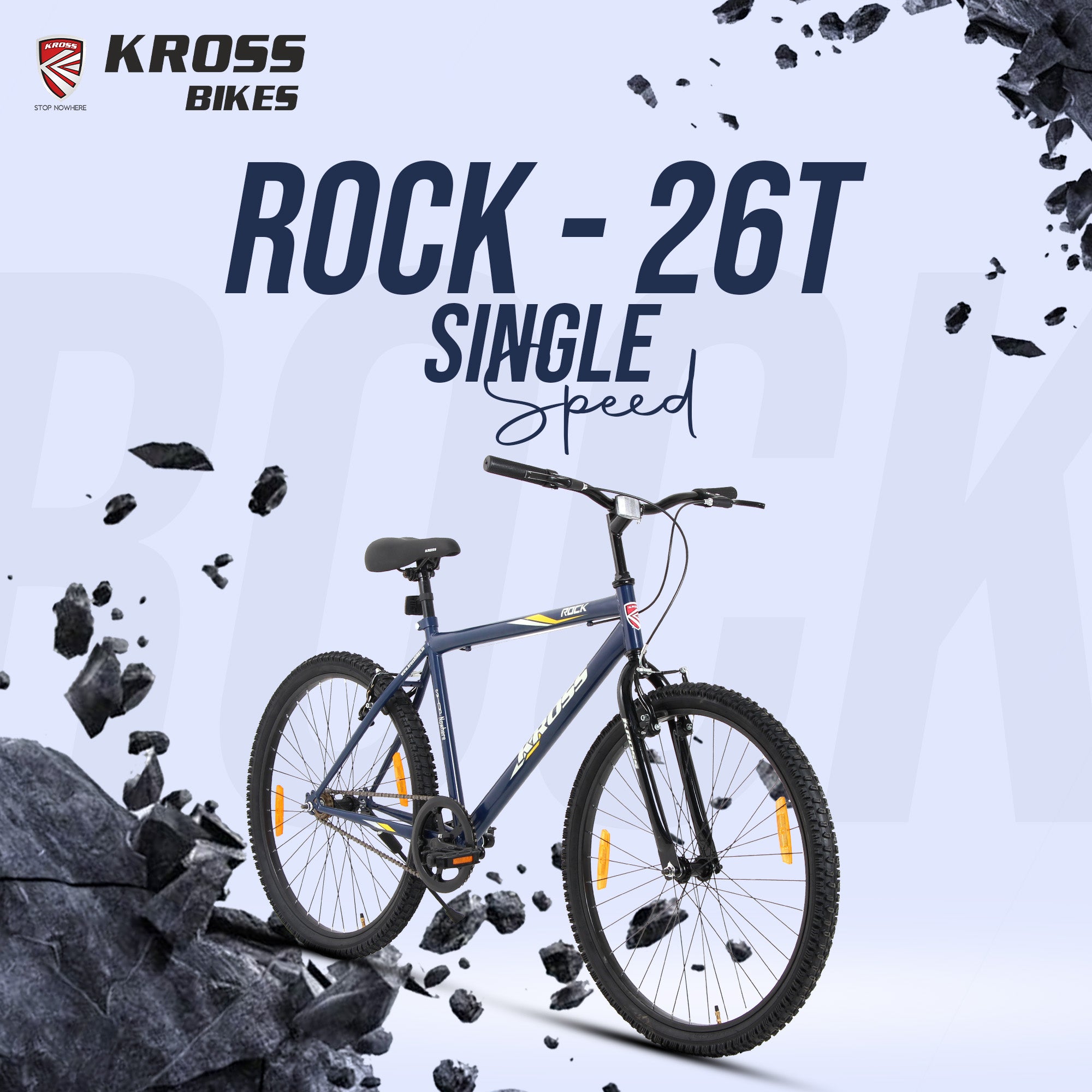 Kross Rock 26T Single Speed MTB Bicycle | Steel Frame | V-Brakes | Black & Blue | 26 x 2.10 Tyres