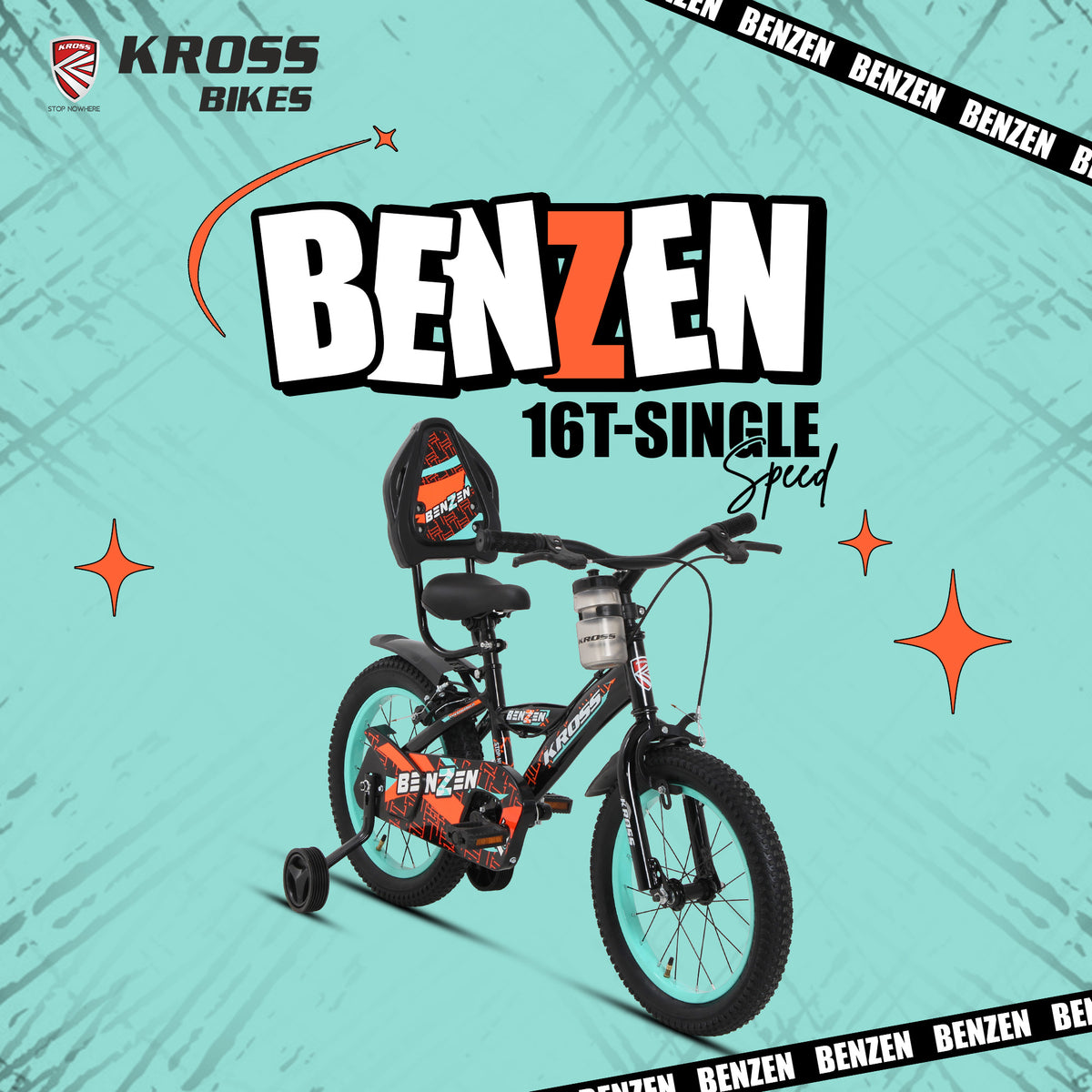 Kross Benzen Crush 16T Kids Cycle with Training Wheels, Back Rest & Bottle – Black