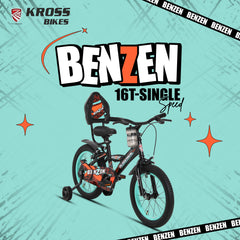Kross Benzen Crush 16T Kids Cycle with Training Wheels, Back Rest & Bottle – Black
