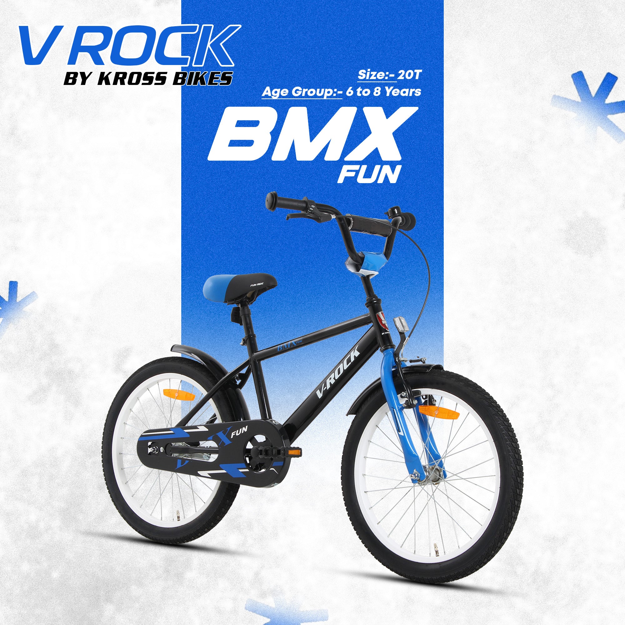 V Rock 20T BMX Fun Kids Bicycle | 20 Inch Wheels | Steel Frame | Coaster Brake | Black-Blue | Age 6-9 Years