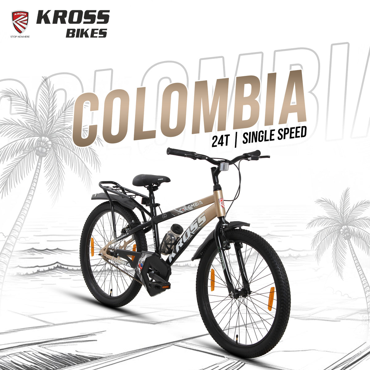 Kross Colombia 24T Kids Bicycle with V-Brakes, Mudguard & Chain Cover – Gold/Black