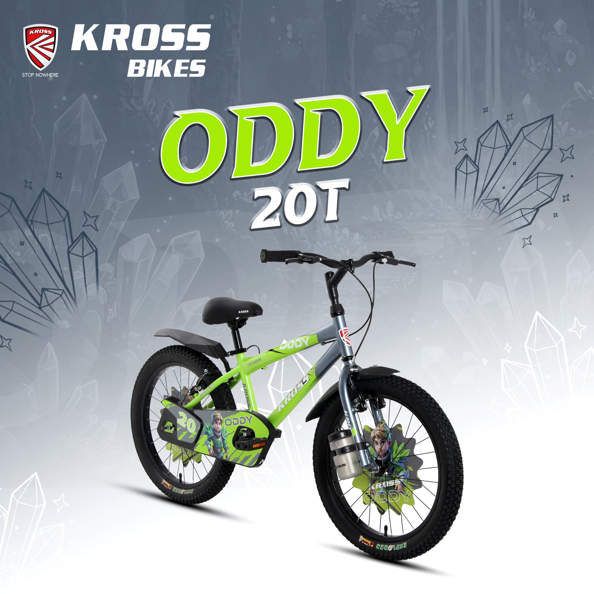 Kross Oddy 20T Kids Bicycle with Training Wheels, V-Brakes, Steel Frame, Green/Grey