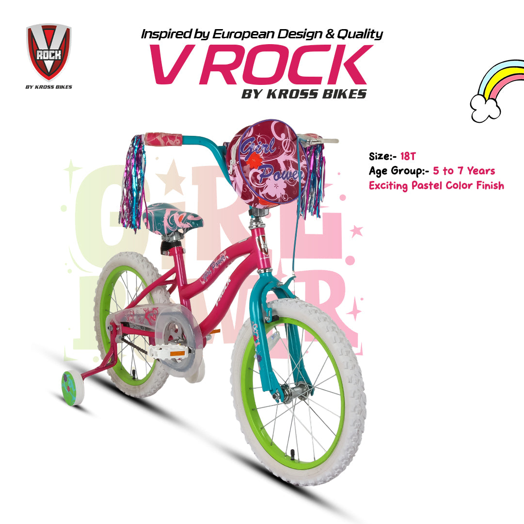 V Rock Girl Power 18T Bicycle for Kids (4–7 Years) | Pink–Turquoise, Steel Frame, Training Wheels