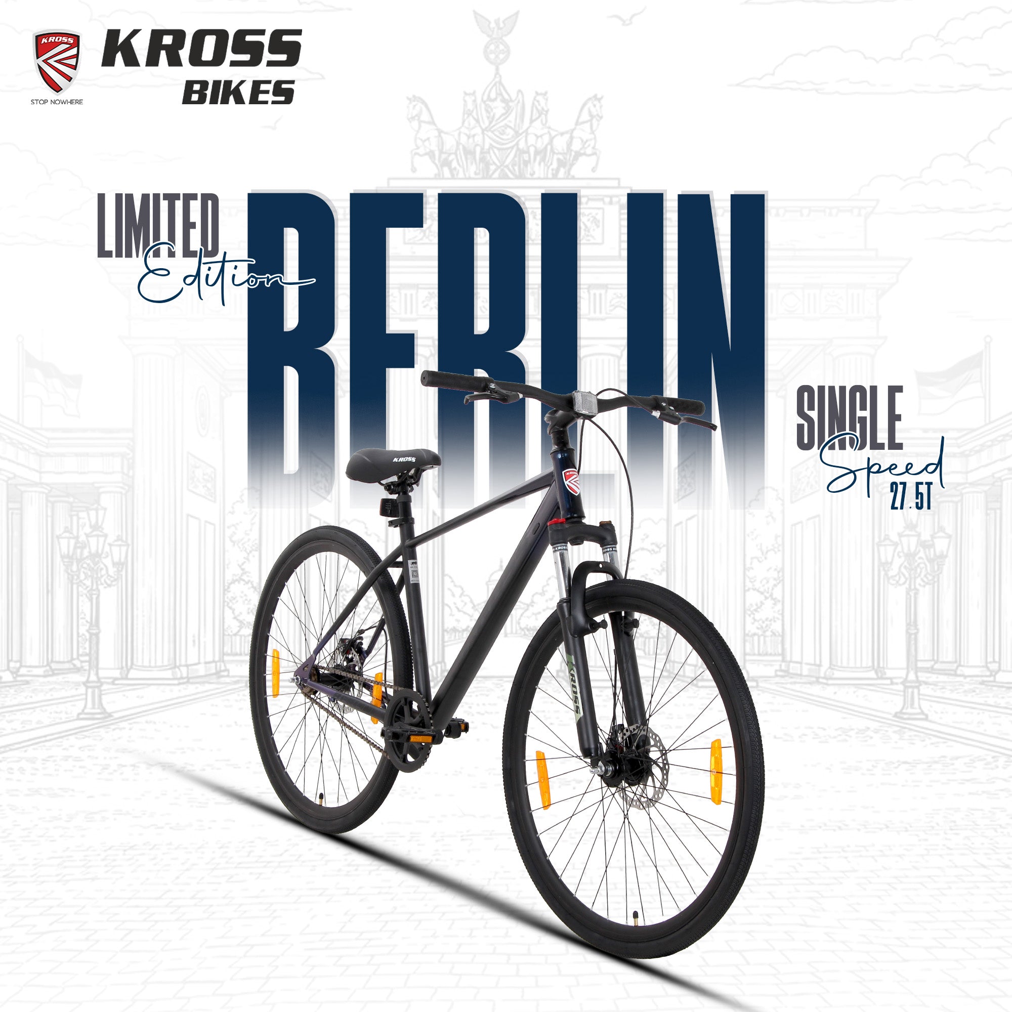 Kross Berlin 700C Single Speed Hybrid Bicycle, Black & Galaxy Blue, Alloy Double Wall Rims, Suspension Fork, Mechanical Disc Brakes