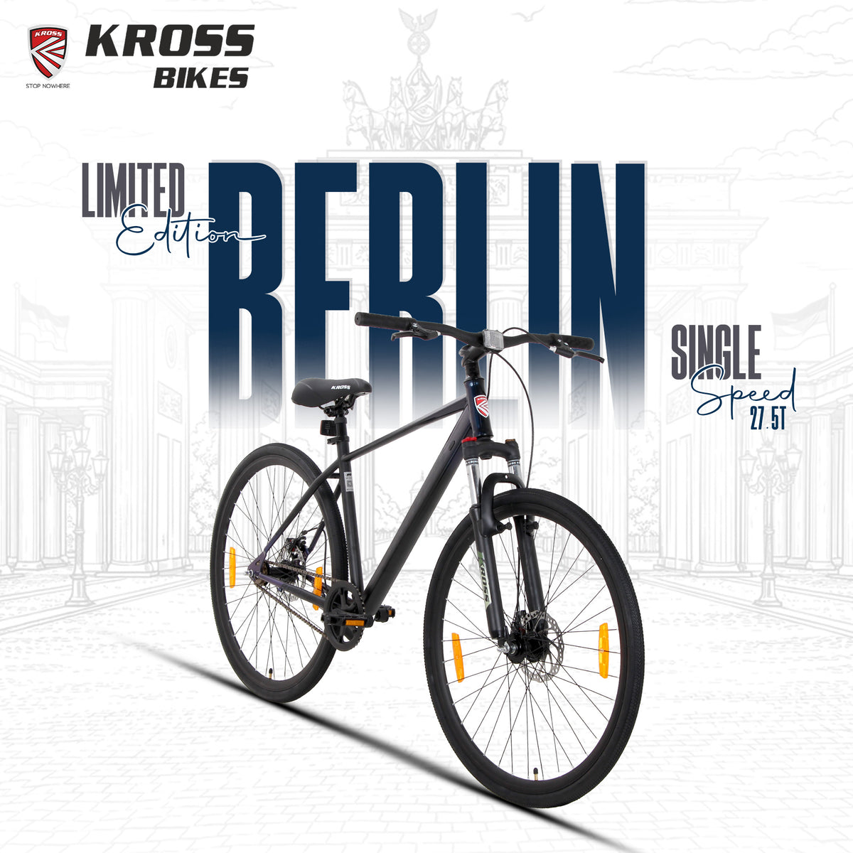 Kross Berlin 700C Single Speed Hybrid Bicycle, Black & Galaxy Blue, Alloy Double Wall Rims, Suspension Fork, Mechanical Disc Brakes