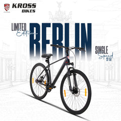 Kross Berlin 700C Single Speed Hybrid Bicycle, Black & Galaxy Blue, Alloy Double Wall Rims, Suspension Fork, Mechanical Disc Brakes