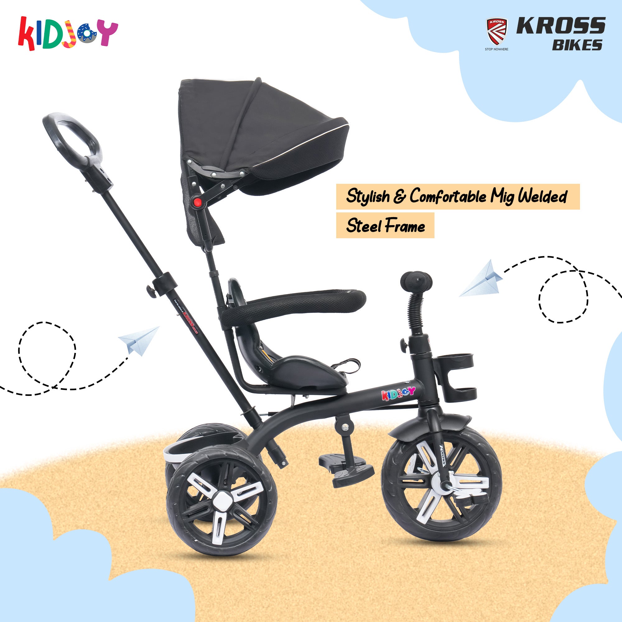 Kidjoy EX-1 3-in-1 Kids Tricycle with Adjustable Parental Handle, Detachable Canopy, EVA Tyres, Safety Belt & Rear Basket (1–4 Years) (Black/White)
