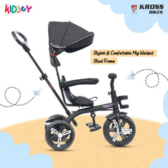 Kidjoy EX-1 3-in-1 Kids Tricycle with Adjustable Parental Handle, Detachable Canopy, EVA Tyres, Safety Belt & Rear Basket (1–4 Years) (Black/White)