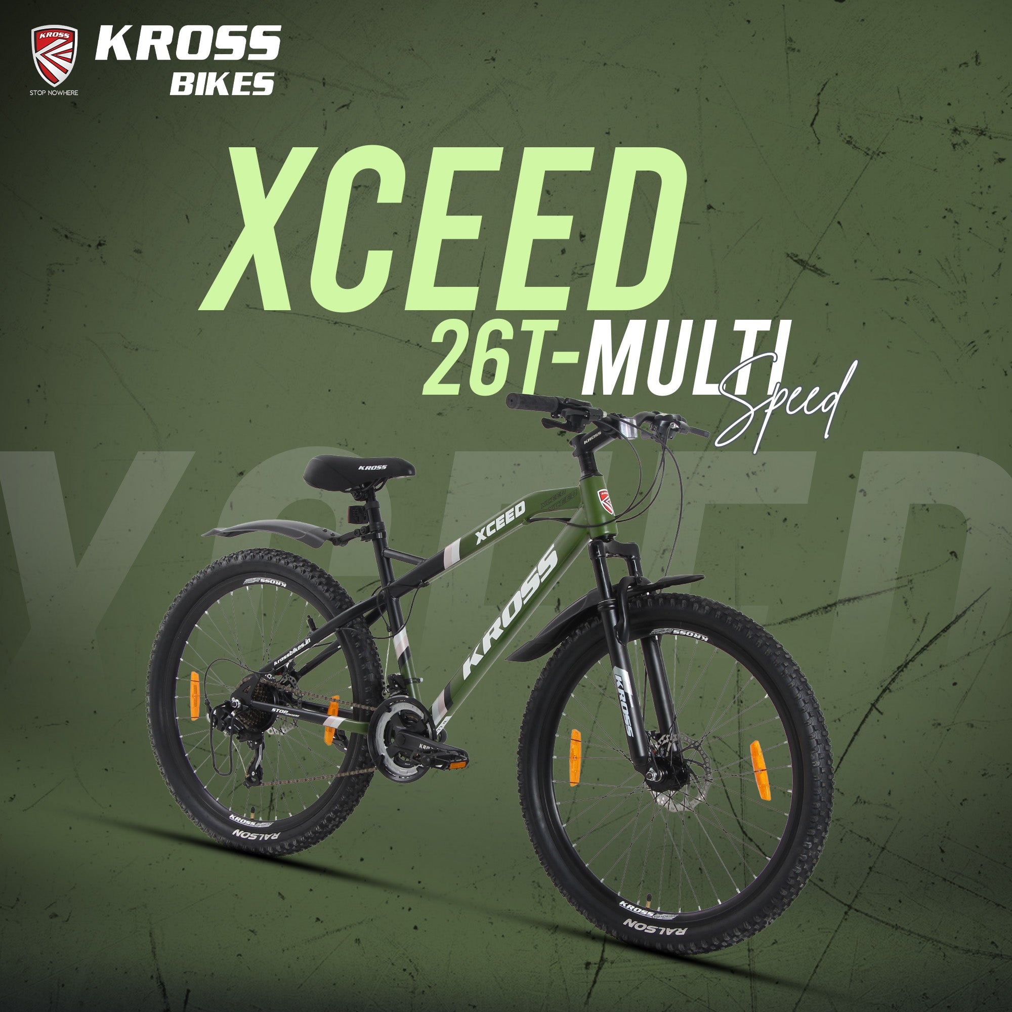 Kross Xceed 26T 21-Speed Mountain Bike with Suspension Fork, Dual Disc Brakes, Alloy Rims & Mudguards (Metallic Green/Black)