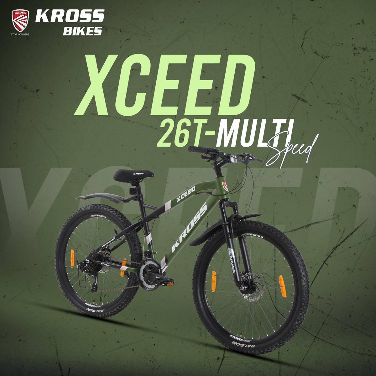 Kross Xceed 26T 21-Speed Mountain Bike with Suspension Fork, Dual Disc Brakes, Alloy Rims & Mudguards (Metallic Green/Black)