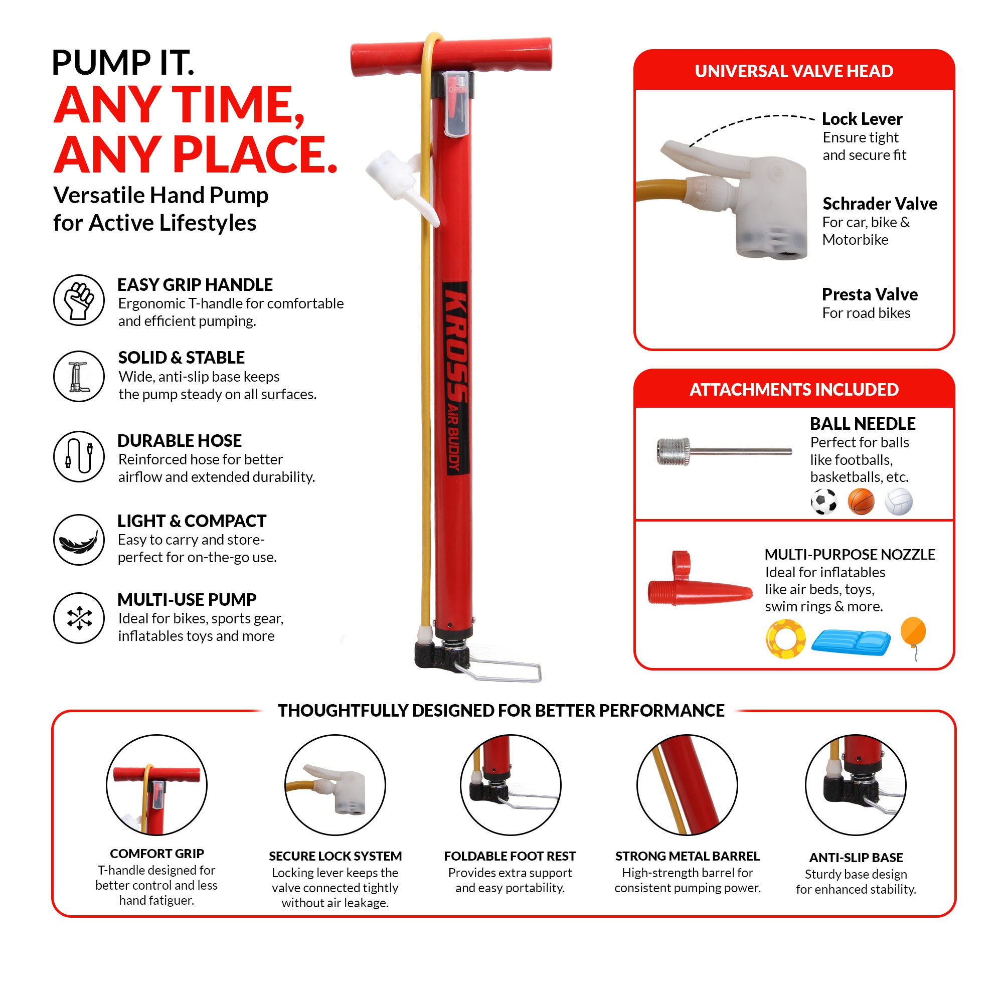 Kross Air Buddy 22-Inch Heavy-Duty Bicycle & Multi-Purpose Floor Pump (35mm Steel Barrel, Dual Presta/Schrader Valve) 35 MM Red Pump