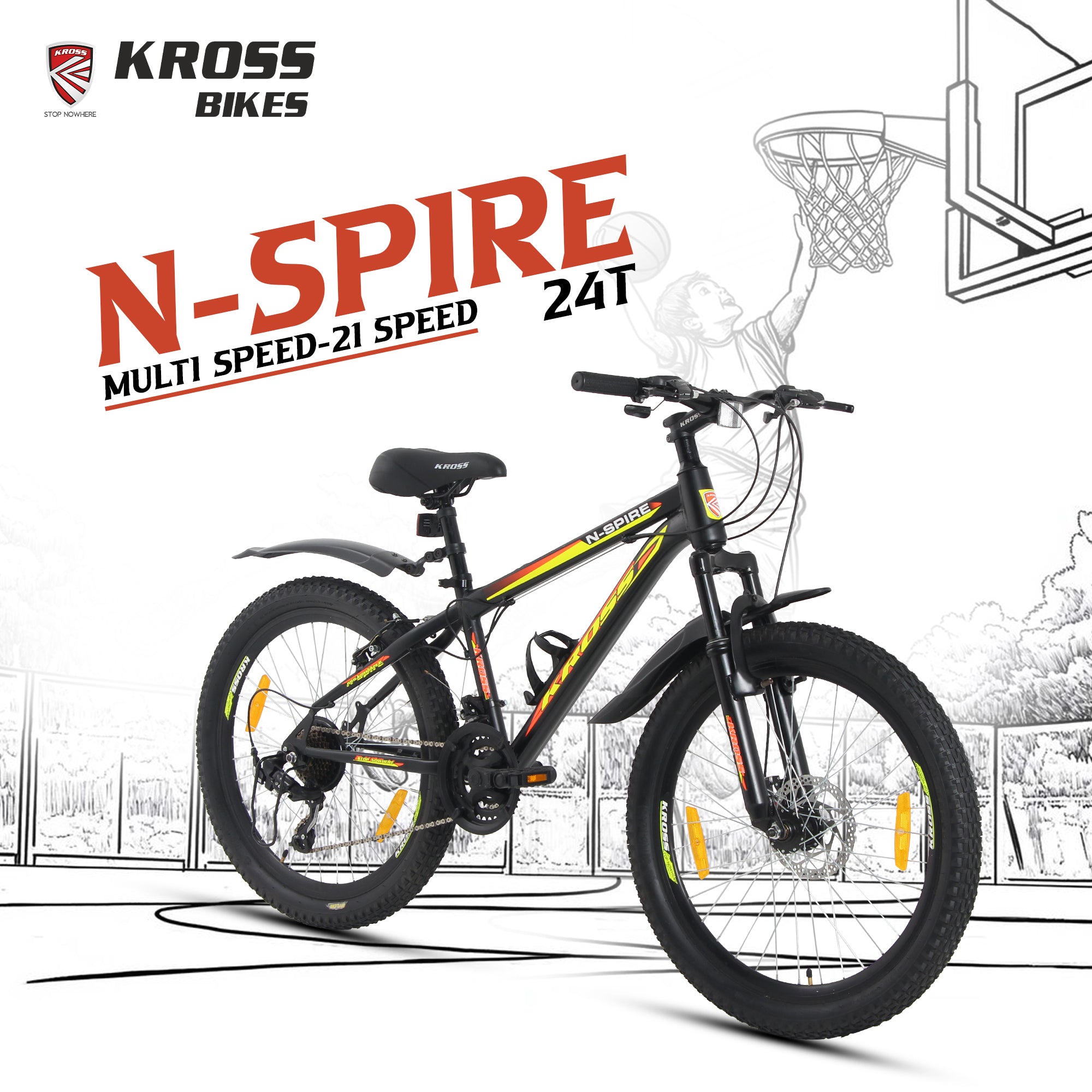 KROSS N-Spire 24T 21-Speed Mountain Cycle with Suspension Fork & Disc Brake – Matte Black