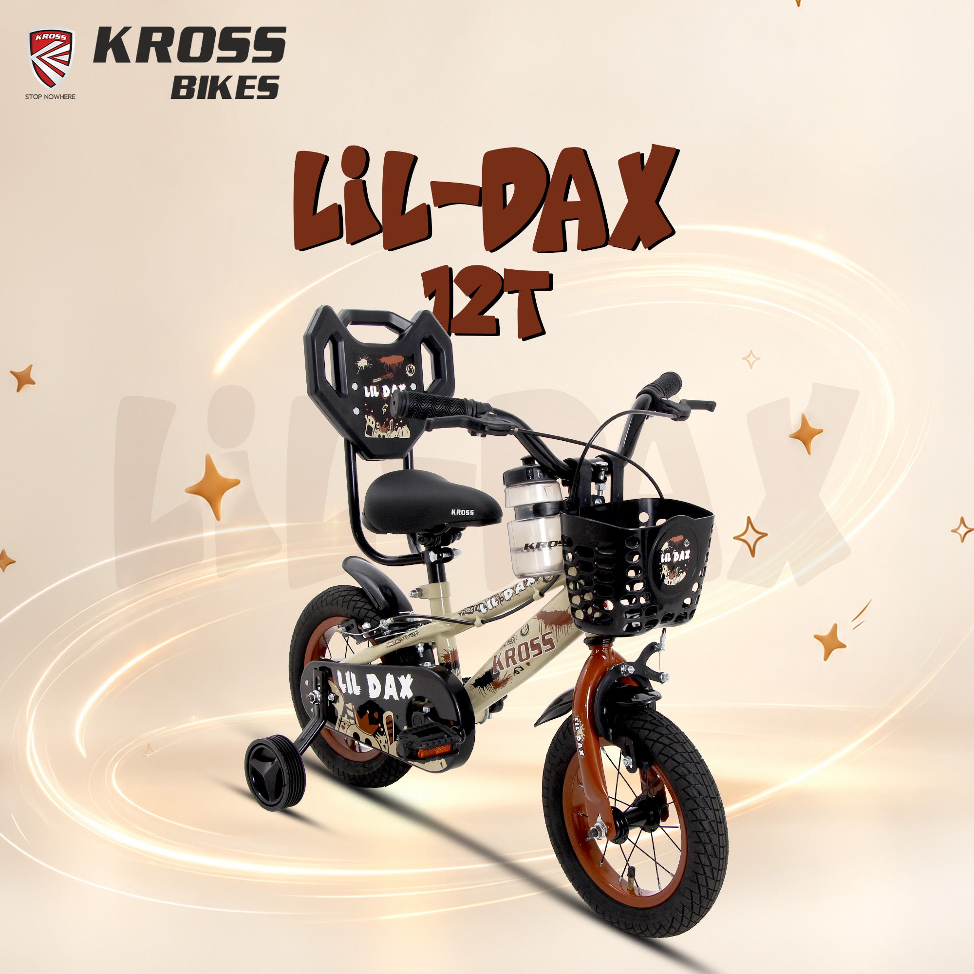 Kross Lil Dax 12T Kids Bicycle for Boys & Girls | Steel Frame | Training Wheels | Basket & Backrest | Cream & Brown