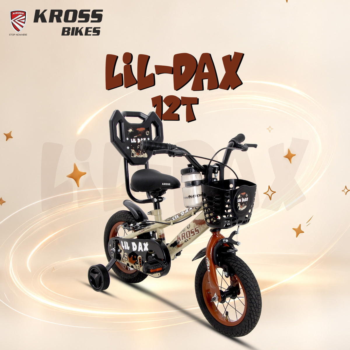 Kross Lil Dax 12T Kids Bicycle for Boys & Girls | Steel Frame | Training Wheels | Basket & Backrest | Cream & Brown