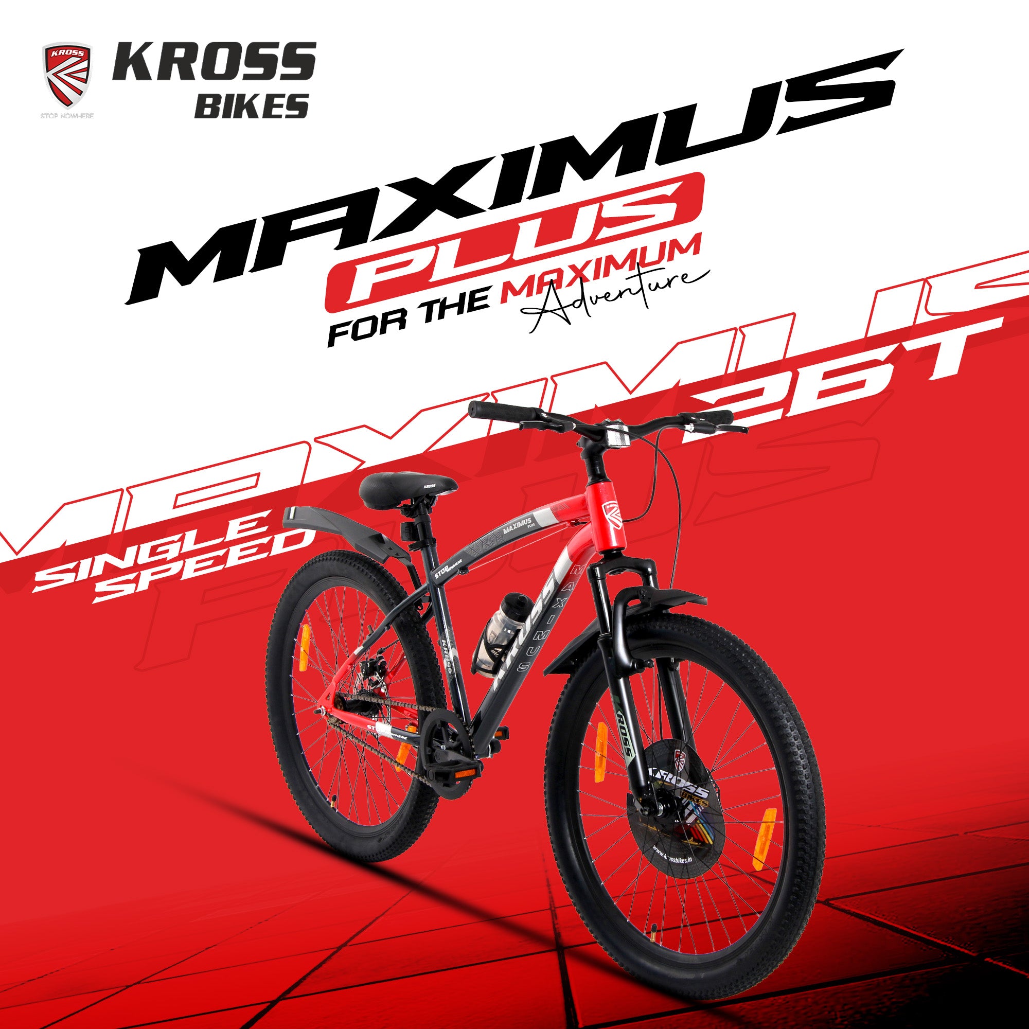 Kross Maximus Plus 26T Steel Single Speed Mountain Bike with Front & Rear Disc Brakes (26x2.40T, Red Alloy Rims)