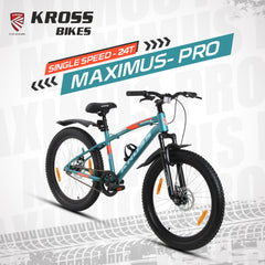 Kross Maximus Pro 24T Single Speed Double Disc Kids/Teens MTB – Matte Blue – Steel Frame, Suspension Fork, 24×2.40 Tyres