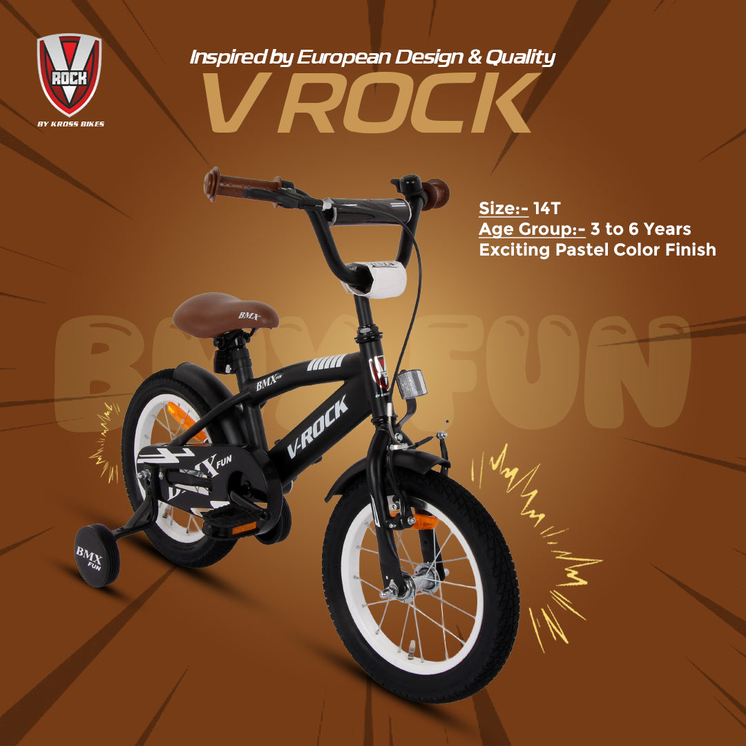 V Rock 14T BMX Fun Kids Bicycle with Training Wheels, Matt Black Steel Frame, Single Speed, Front V-Brake & Coaster Brak